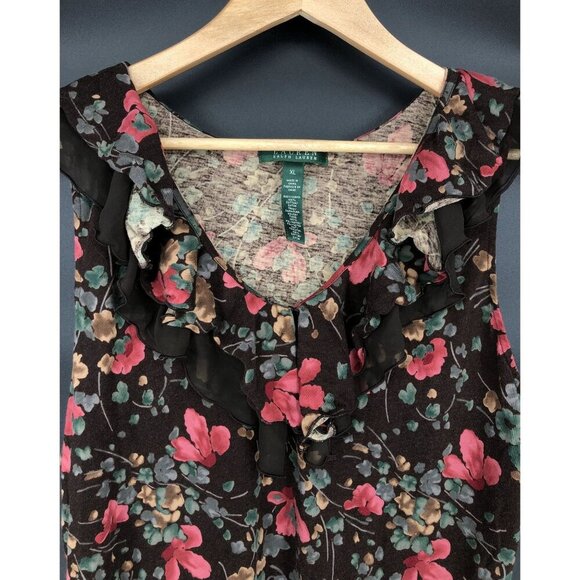 Lauren Ralph Lauren Floral Sleeveless Ruffle Top Womens XL Brown Fairy V-Neck - Picture 3 of 7